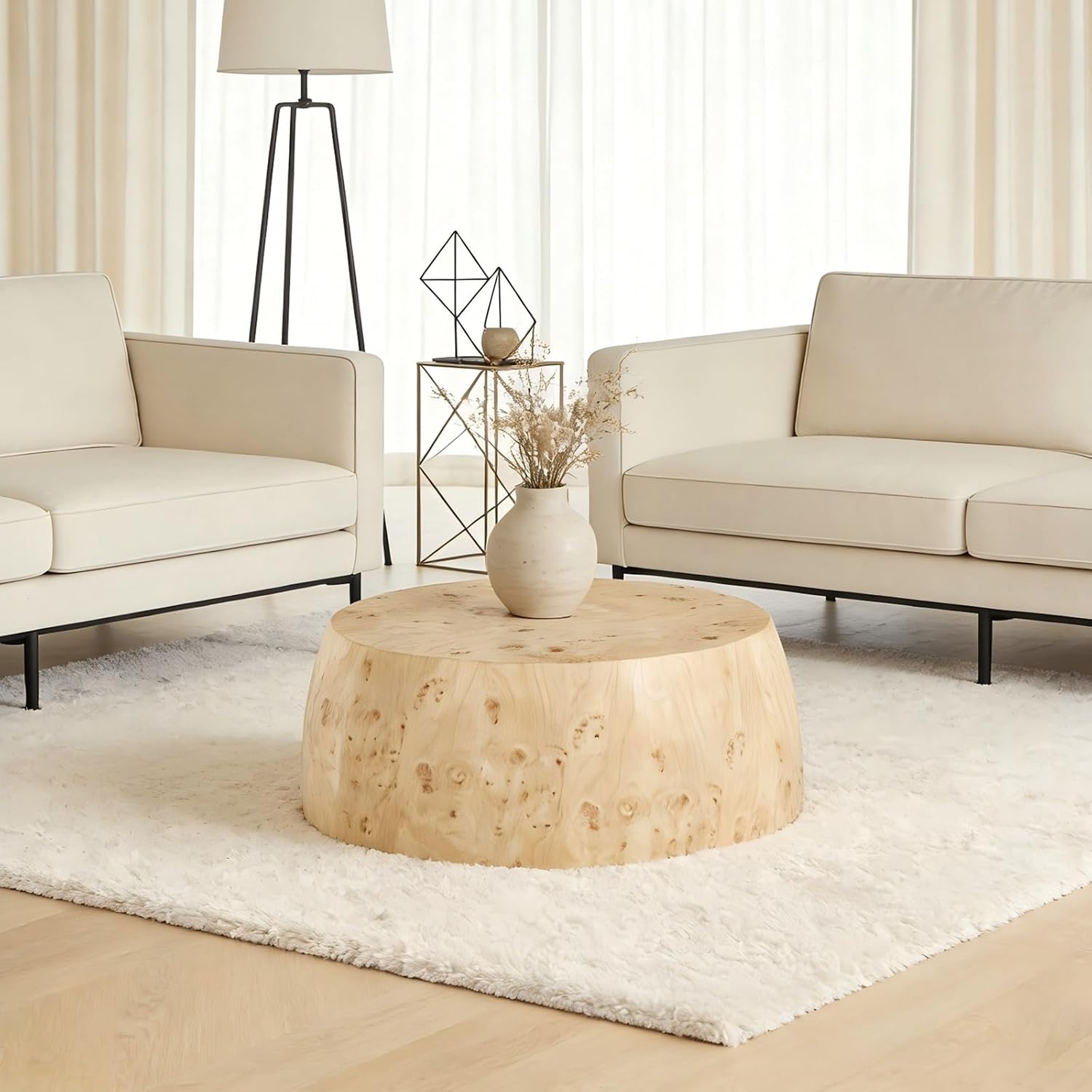 35' Rustic Drum Coffee Table for Living Room Round Center Table Modern Drum-Shape Wooden Cocktail Table for Home Office, Fully Assembled - Burl Wood Veneer Natural Color