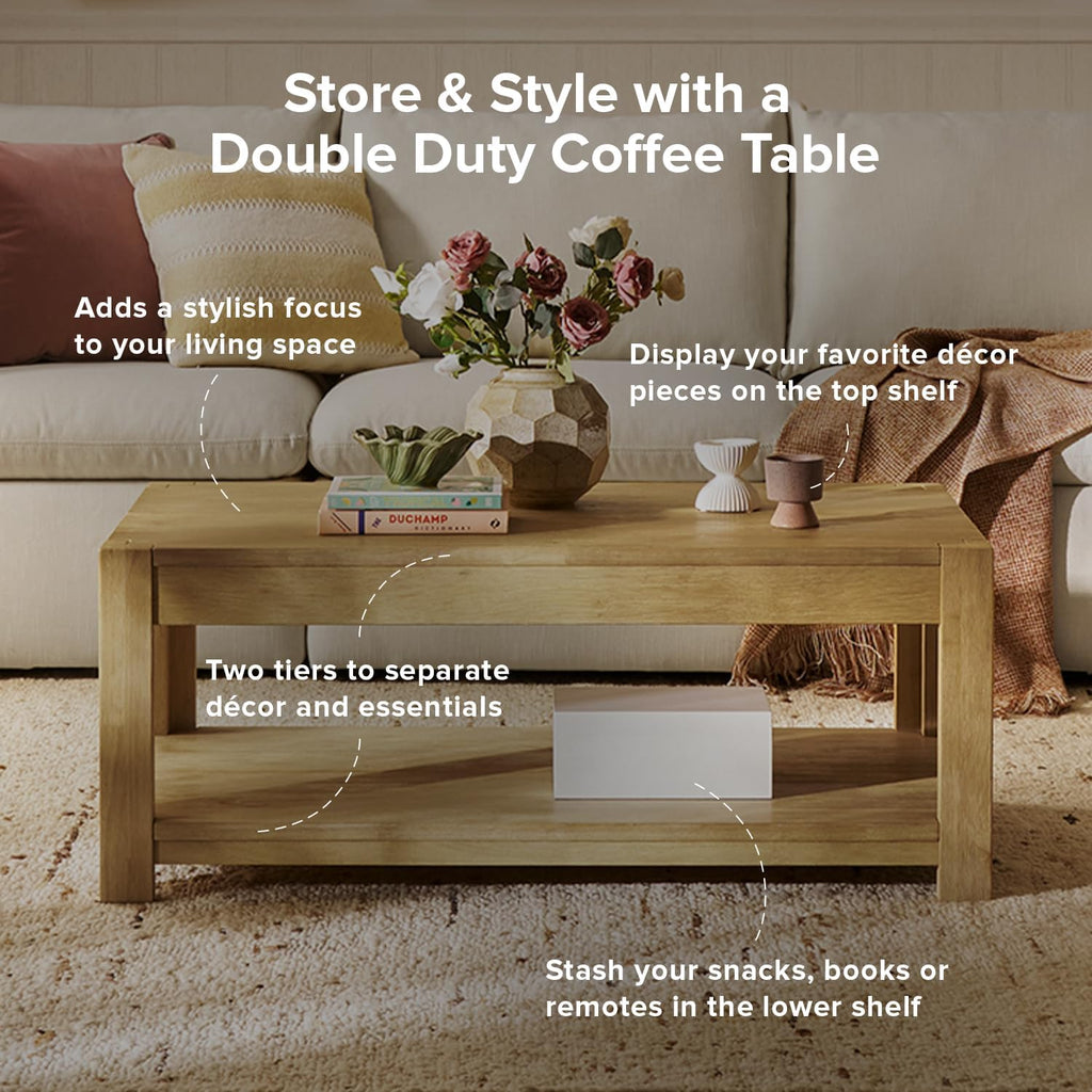 mopio Logan Solid Wood 2-Tier Rectangle Coffee Table, Modern Farmhouse Solid Rubberwood with Light Wire Brush L Shaped Leg Joint