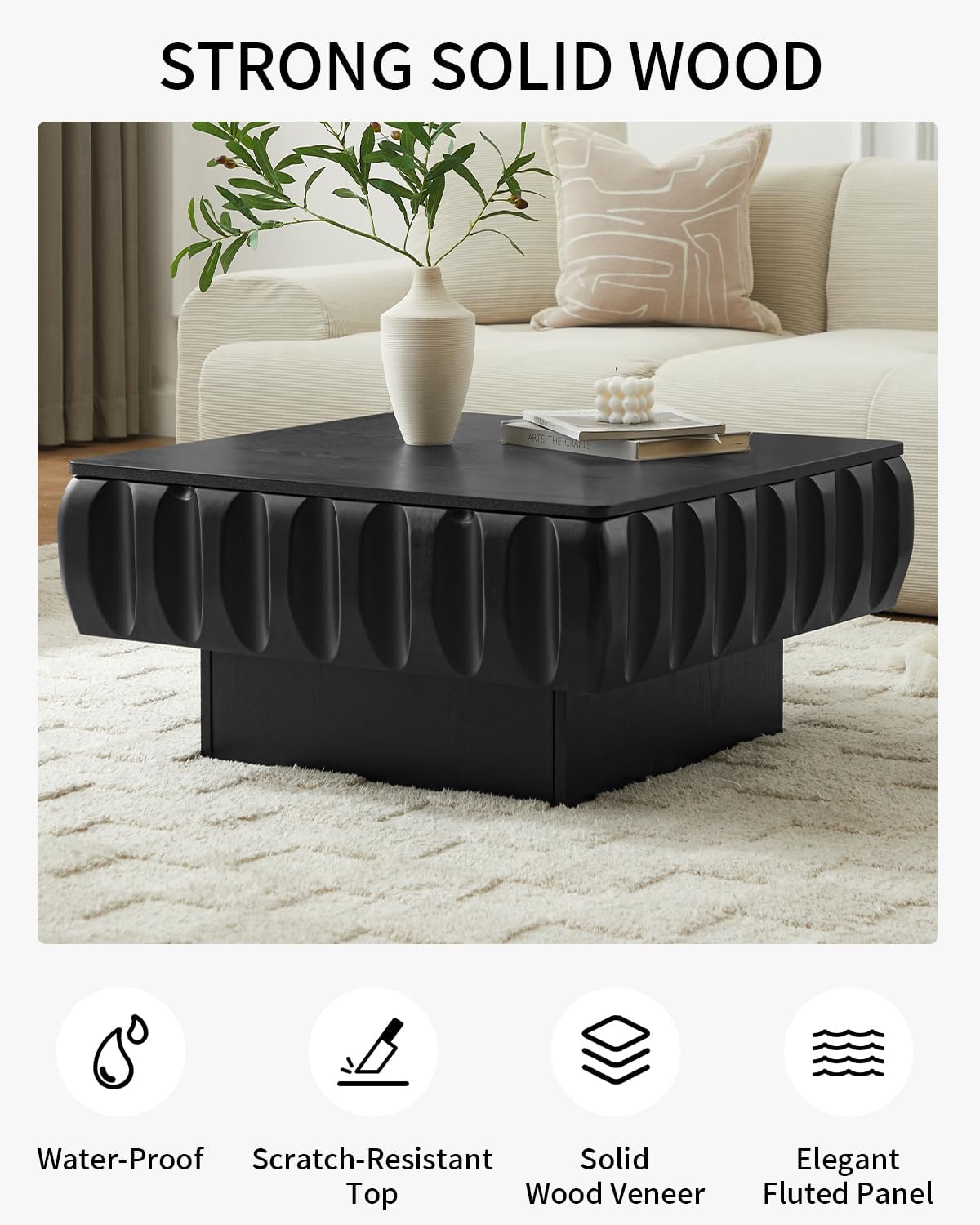 31' Lift Top Coffee Table, Fluted Coffee Table with Hidden Storage, Rectangle Handmade Solid Wood Strips for Small Space Apartment Living Room, Black