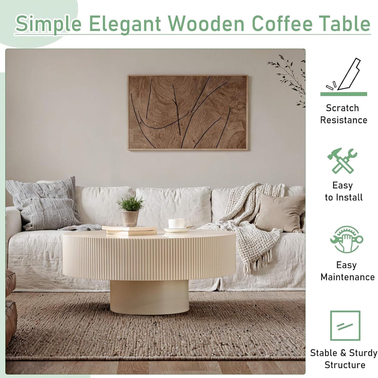 Modern Drum Fluted Round Coffee Table for Living Room, Unique Accent Fluted Drum Coffee Table, Contemporary Minimalist Low Circle Tea Tables for Farmhouse Apartment (B)