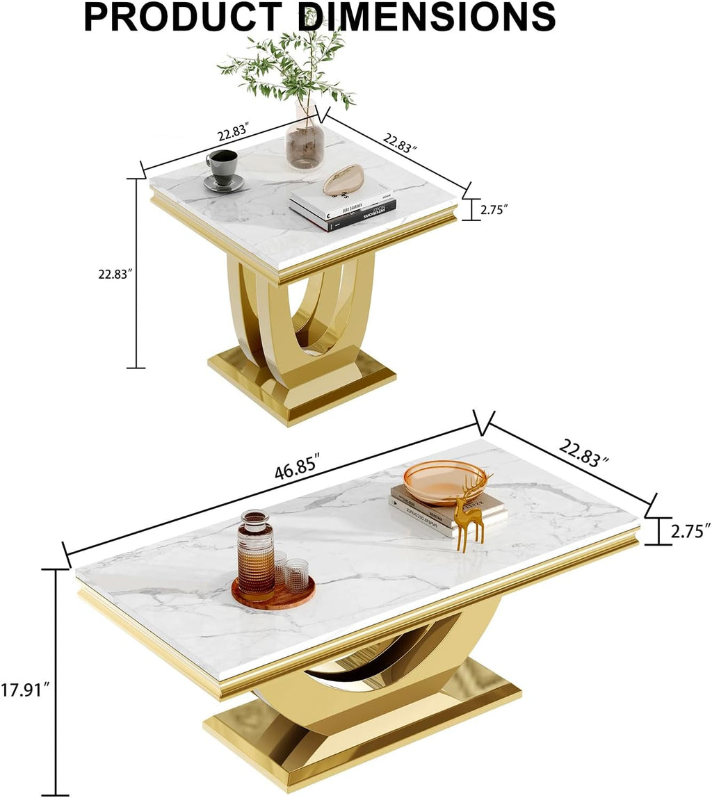 2 Pieces Living Room Table Set, Faux Marble Coffee Table Set of 2, Modern Coffee Table and End Table with U-Shaped Stainless Steel Base for Living Room (White Gold)