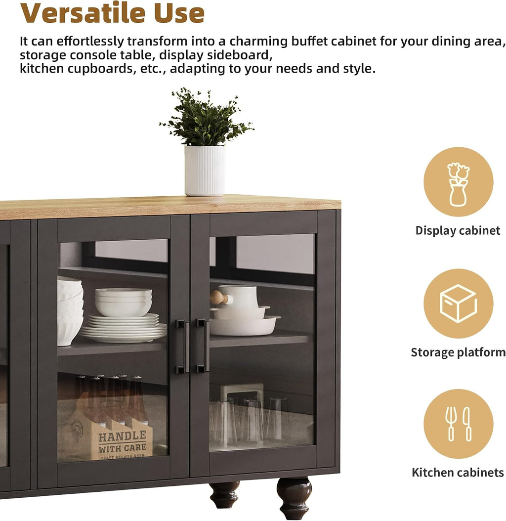 Ball & Cast Farmhouse TV Stand with Tempered Glass Doors for TVs up to 70',Sideboard Buffet w/5 Solid Wood Gourd-Shaped Legs & Adjustable Shelf,Entertainment Center for Living Room,Black+Natural