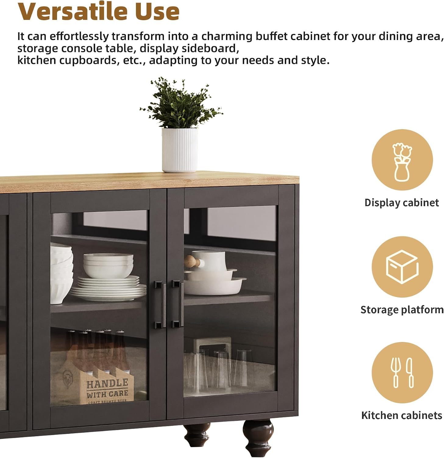 Ball & Cast Farmhouse TV Stand with Tempered Glass Doors for TVs up to 70',Sideboard Buffet w/5 Solid Wood Gourd-Shaped Legs & Adjustable Shelf,Entertainment Center for Living Room,Black+Natural