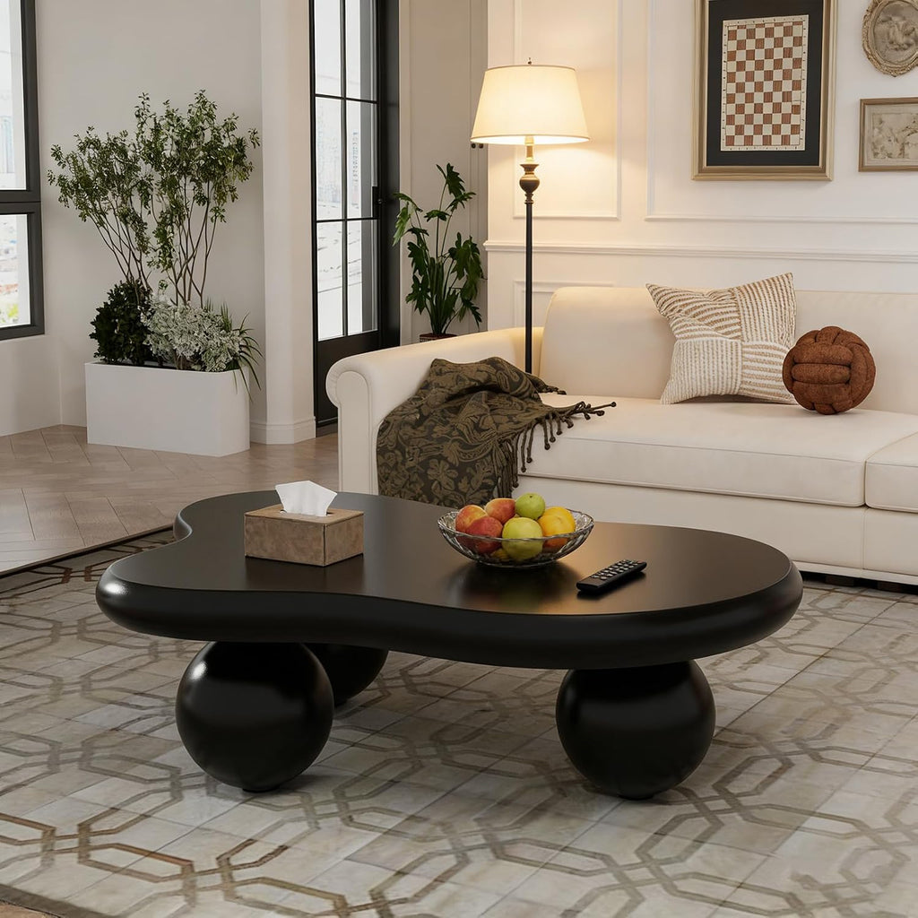 46' Black Cloud Shaped Coffee Table Irregular Coffee Table Cute Irregular Wooden Modern Center Tables with 3 Ball Legs for Bedroom Apartment, Living Room, Farmhouse (A46IN)