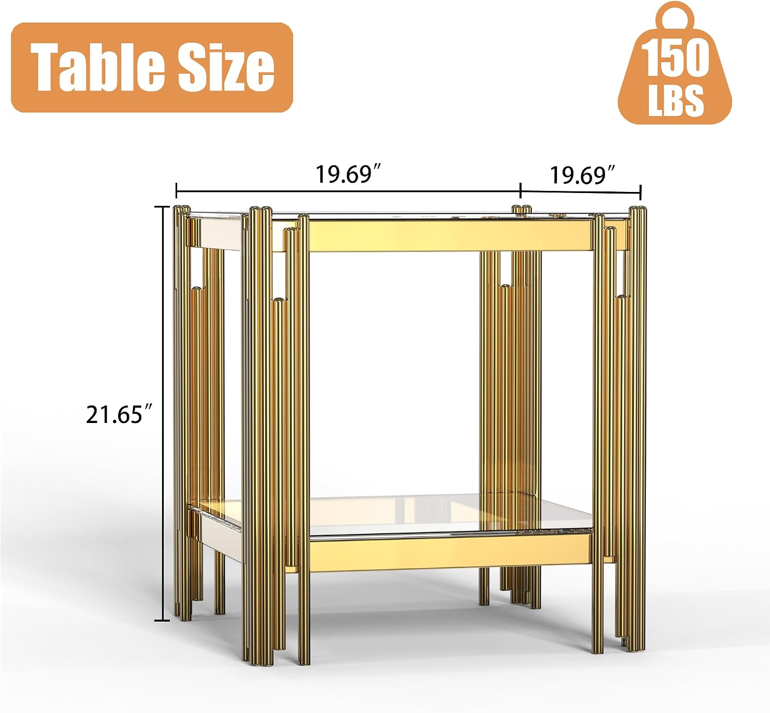 2-Tier Glass End Table, 20' Square Gold Side Table with Stainless Steel Legs and Clear Tempered Glass, Modern Luxury End Table for Living Room Home Office