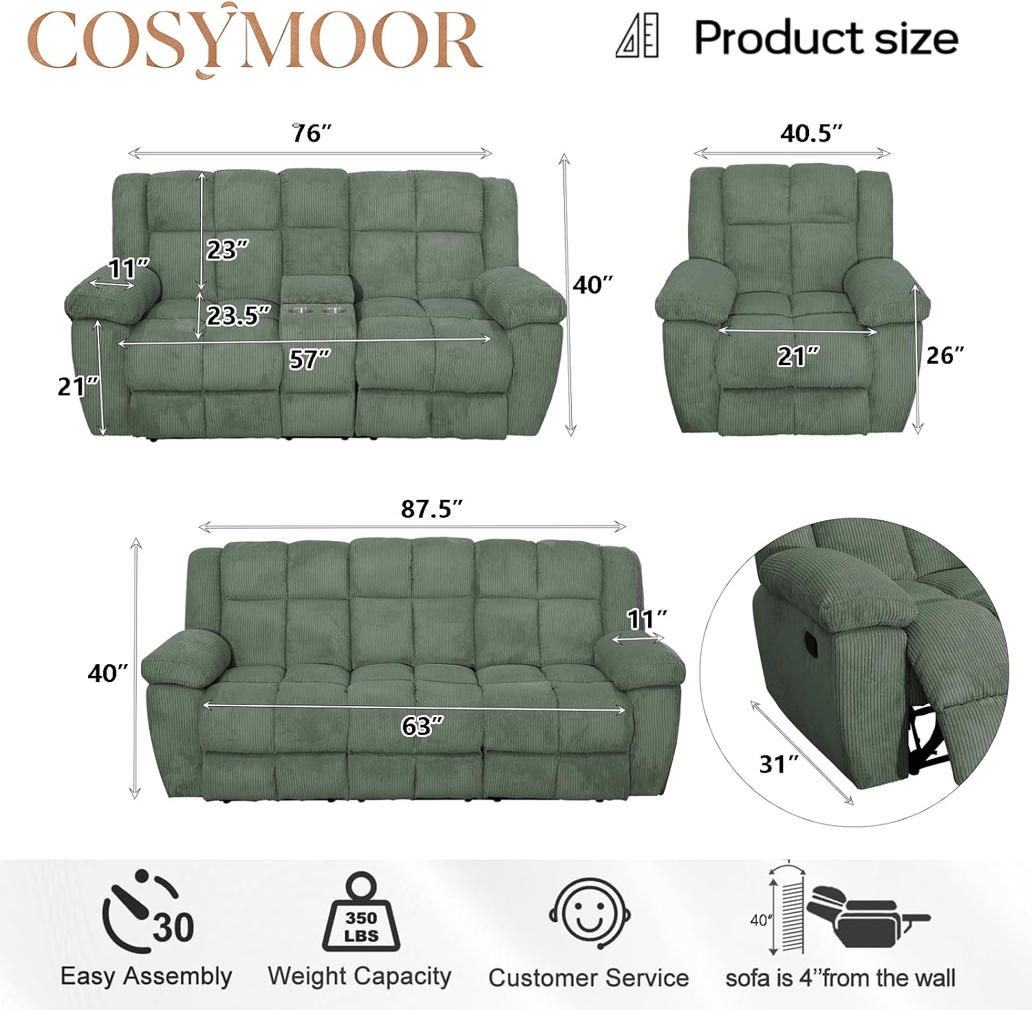 Corduroy Living Room Furniture Sets, Manual Reclining Corduroy Sofa and Chair Set with Drop-Down Table, Recliner Couch Sets, Recliner Sofa with Cup Holder for Home