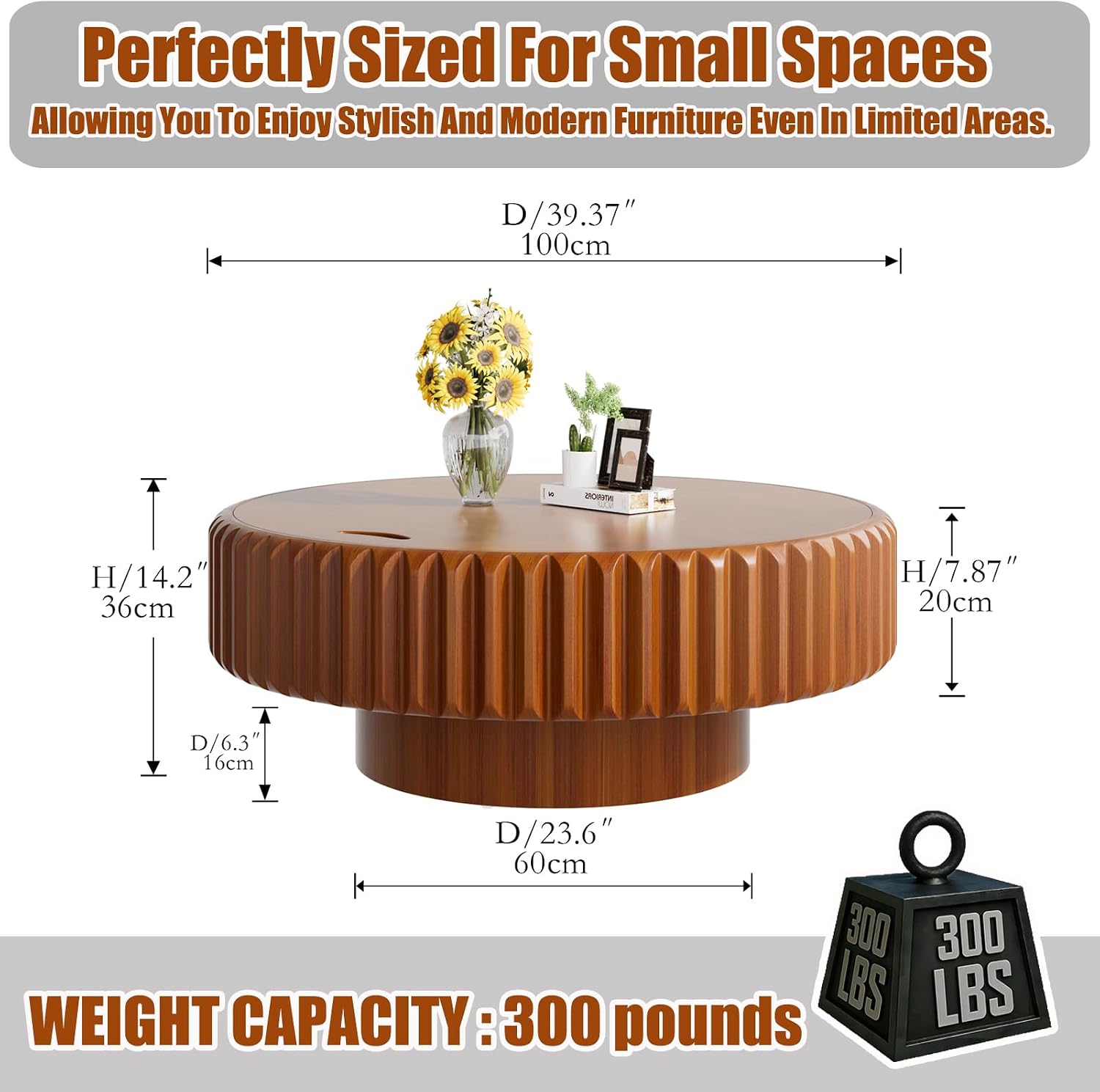 39.37'' Round Drum Coffee Table with Hidden Storage, Modern Fluted Coffee Tables with Solid Wood Veneer, Wooden Circle Center Table for Living Room, Small Spaces, and Apartments, Easy Assembly