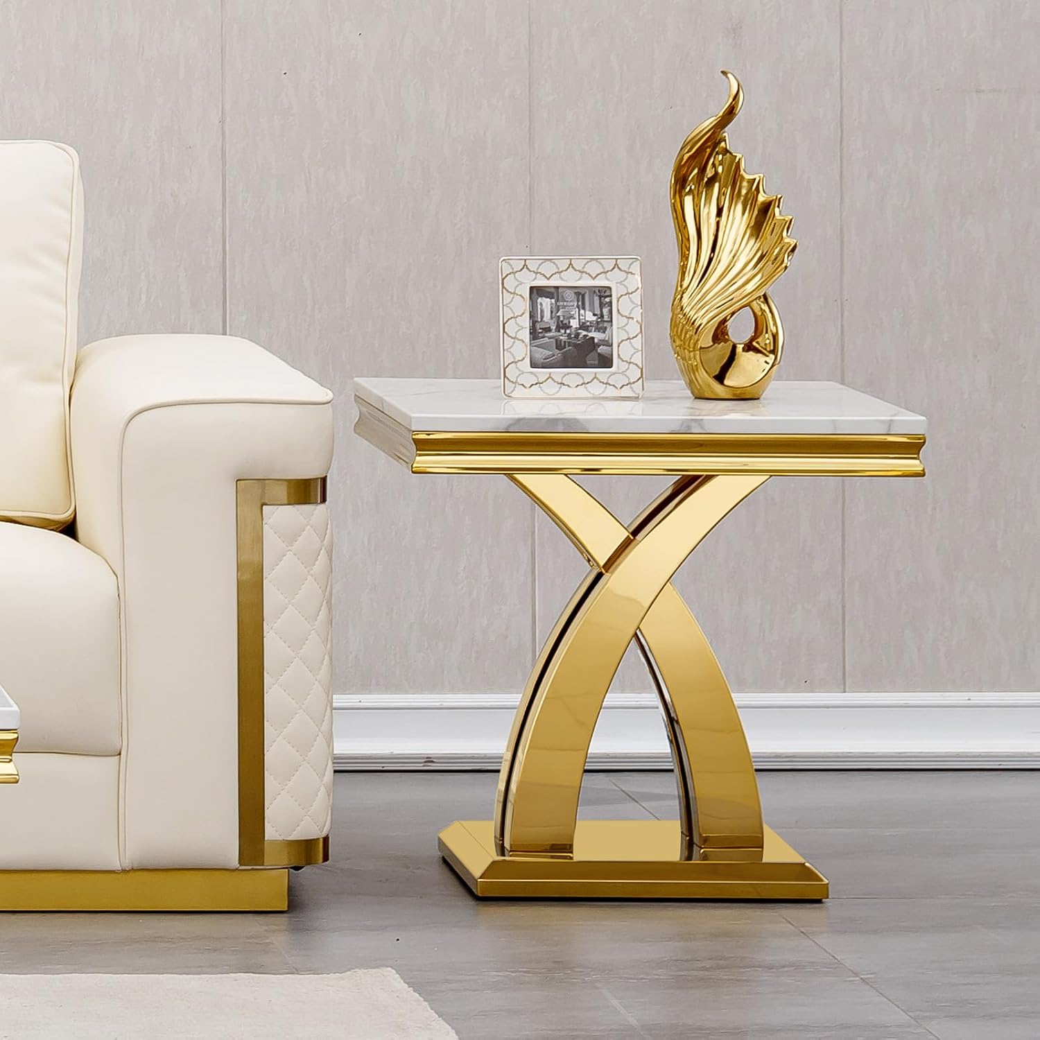 Faux Marble Coffee Table Set Living Room Table Set, Modern Rectangular Coffee Table 2 End Table with Faux Marble Top X Shape Stainless Steel Base for Home Office
