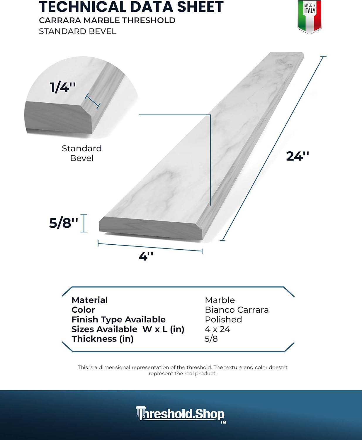 Italian White Carrara Polished Marble Threshold Double Bevel for Floor Transitions (4' x 24')