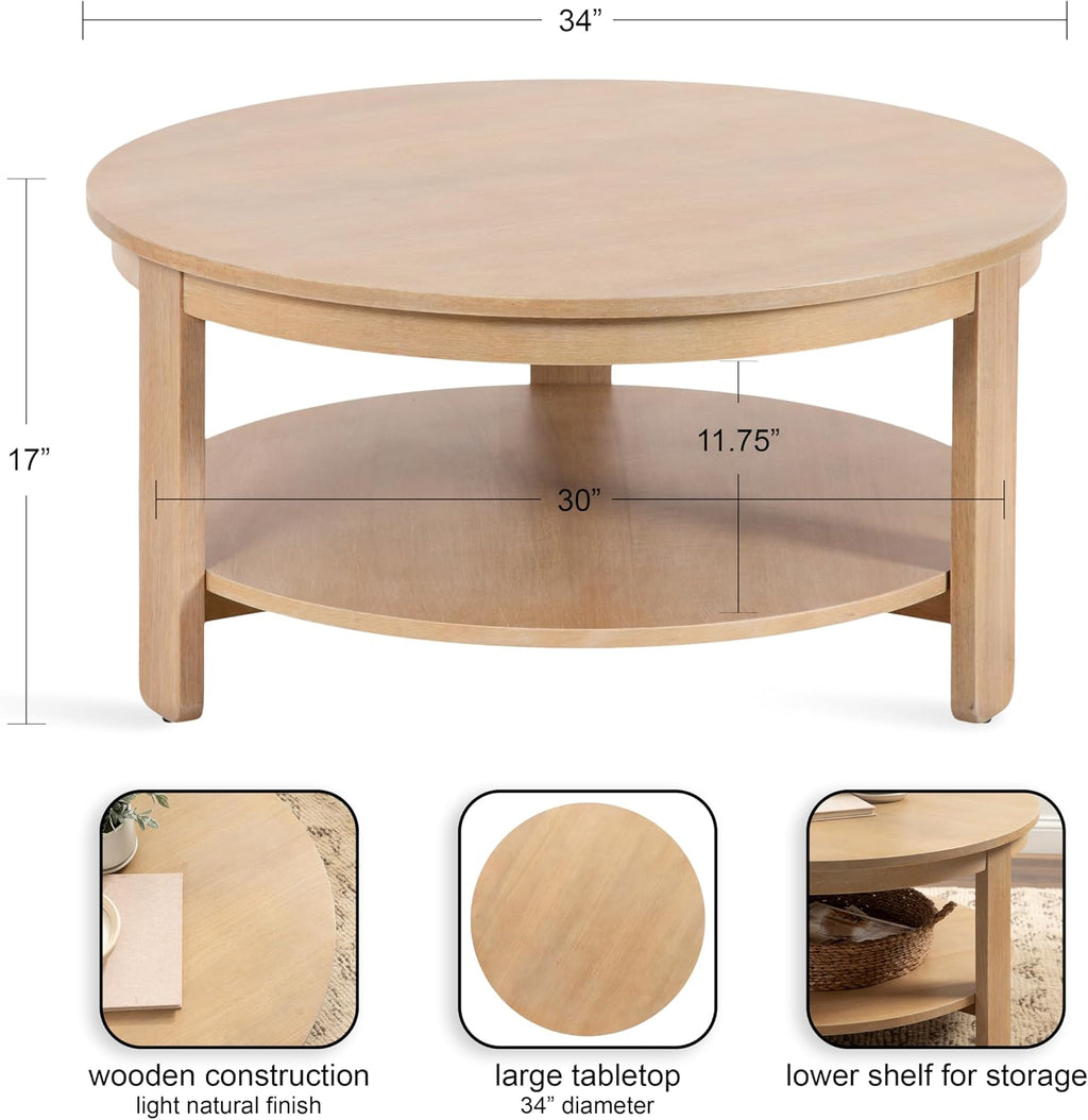 Kate and Laurel Foxford Tiered Round Coffee Table, 34 x 34 x 17, Light Natural, Transitional Two-Tier Circle Living Room Table with Storage and Resilient Wood Construction