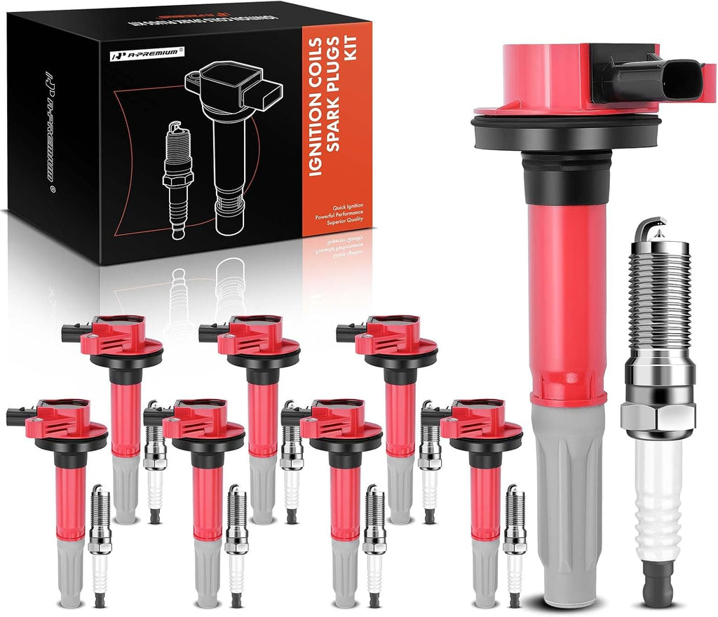 A-Premium Ignition Coils and Spark Plugs Kits Compatible with Ford F-150 2011-2016, Mustang 2011-2015, 5.0L Red, Set of 8