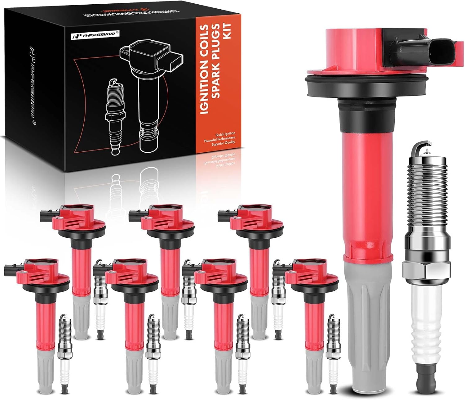 A-Premium Ignition Coils and Spark Plugs Kits Compatible with Ford F-150 2011-2016, Mustang 2011-2015, 5.0L Red, Set of 8