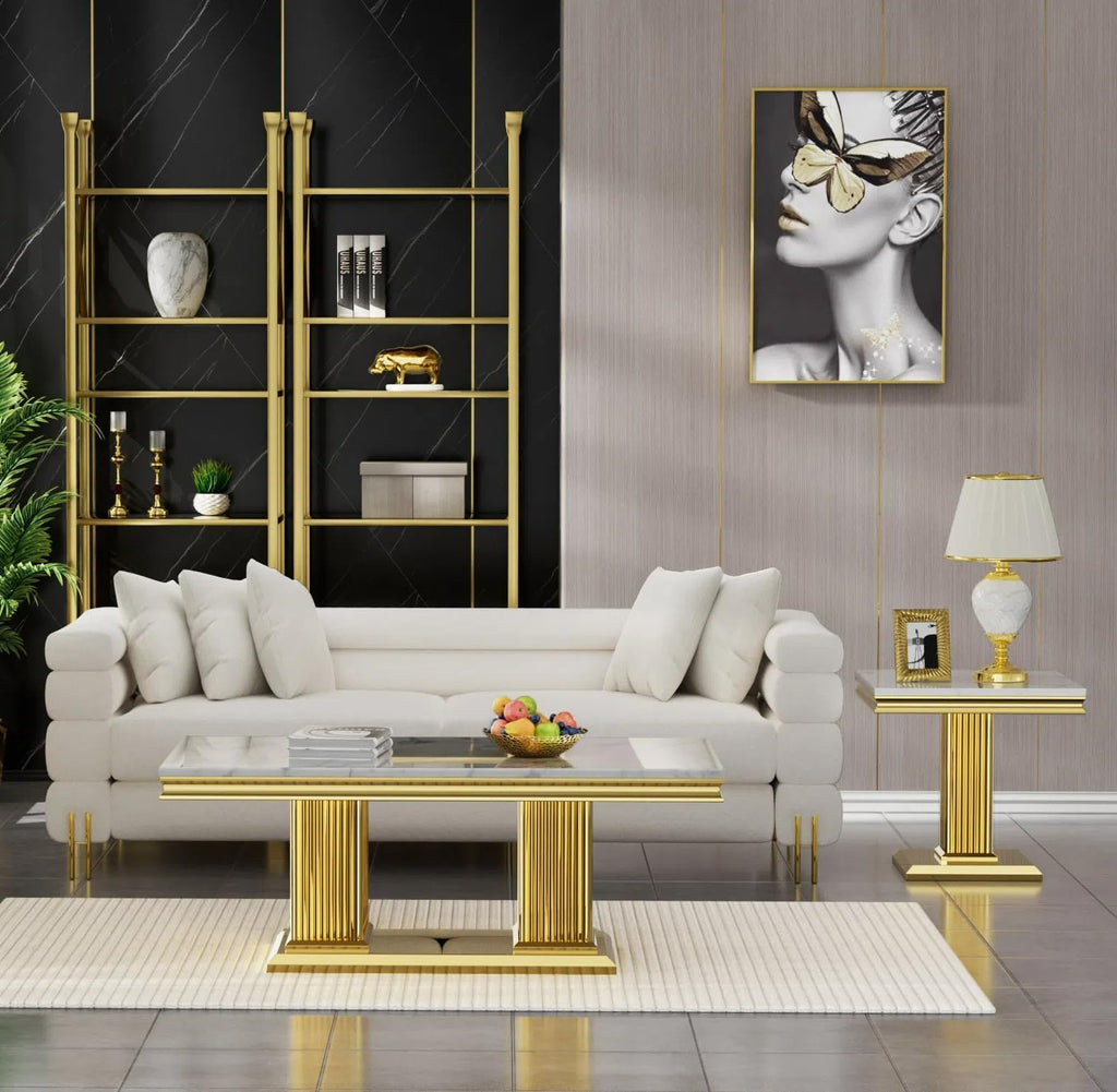 Modern 3 Piece Marble Living Room Table Set, Includes 1 Coffee Table & 2 End Table, Luxury White Faux Marble Coffee Table Set with Gold Column-Shaped Stainless Steel Base for Home Office