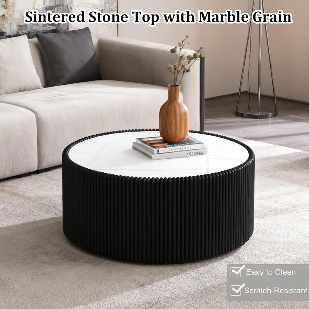 Modern Round Coffee Table Luxury Sintered Stone Top Coffee Table in Black Leatherette Creative Drum-Shape Cocktail Center Table for Living Room Bedroom,Fully Assembled