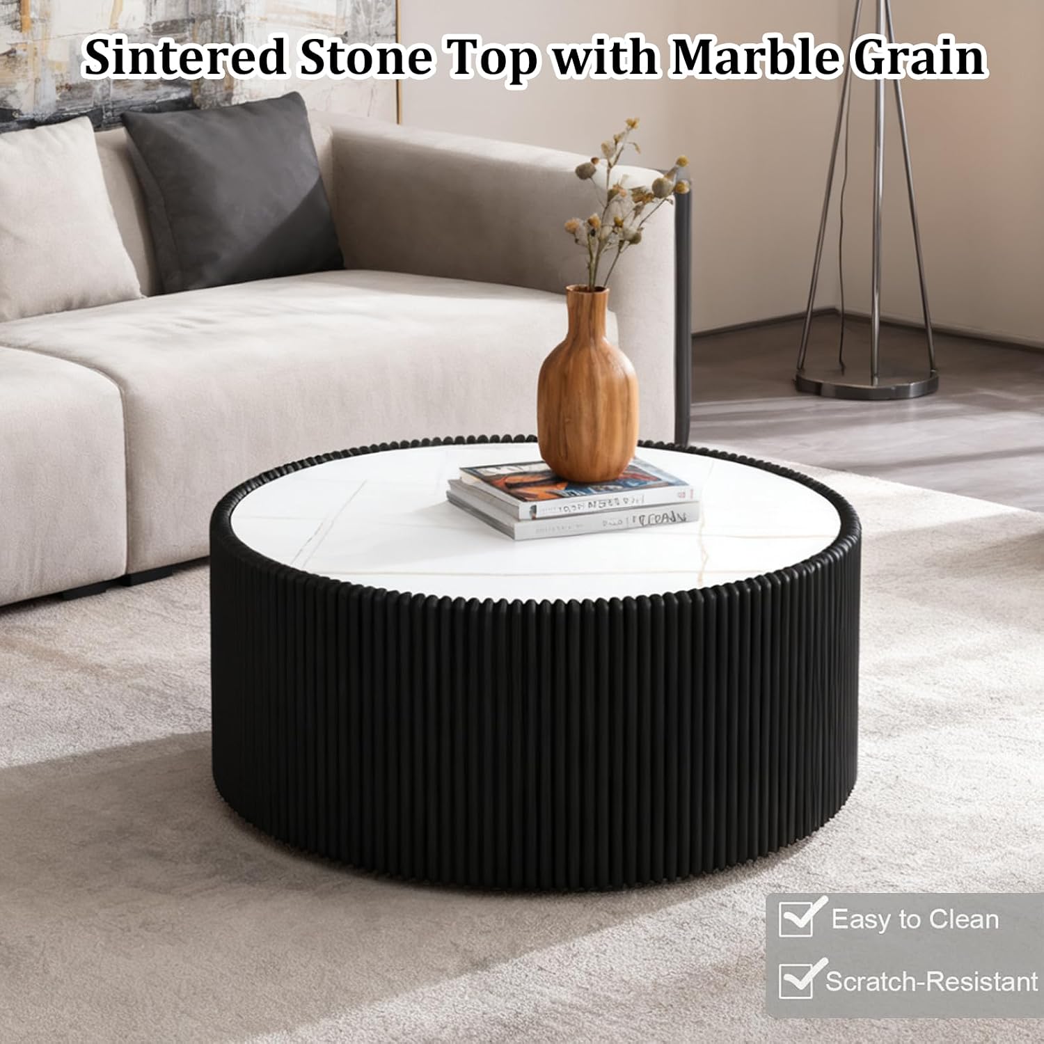 Modern Round Coffee Table Set of 2 Luxury Sintered Stone Top Coffee End Table in Black Leatherette Drum-Shape Small Coffee Side End Tables for Living Room,Fully Assembled