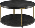 Biaco Round 35' Coffee Table with Wheels for Living Room, Modern Industrial Retro 2 Tier Circle Large Center Table, Wooden Textured Top & Antiqued Golden Metal Legs,Black Gold