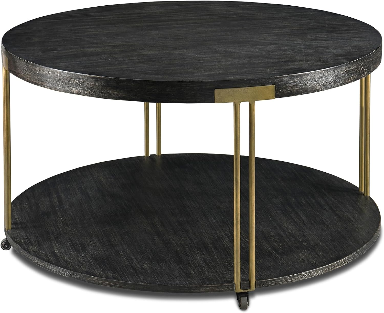 Biaco Round 35' Coffee Table with Wheels for Living Room, Modern Industrial Retro 2 Tier Circle Large Center Table, Wooden Textured Top & Antiqued Golden Metal Legs,Black Gold