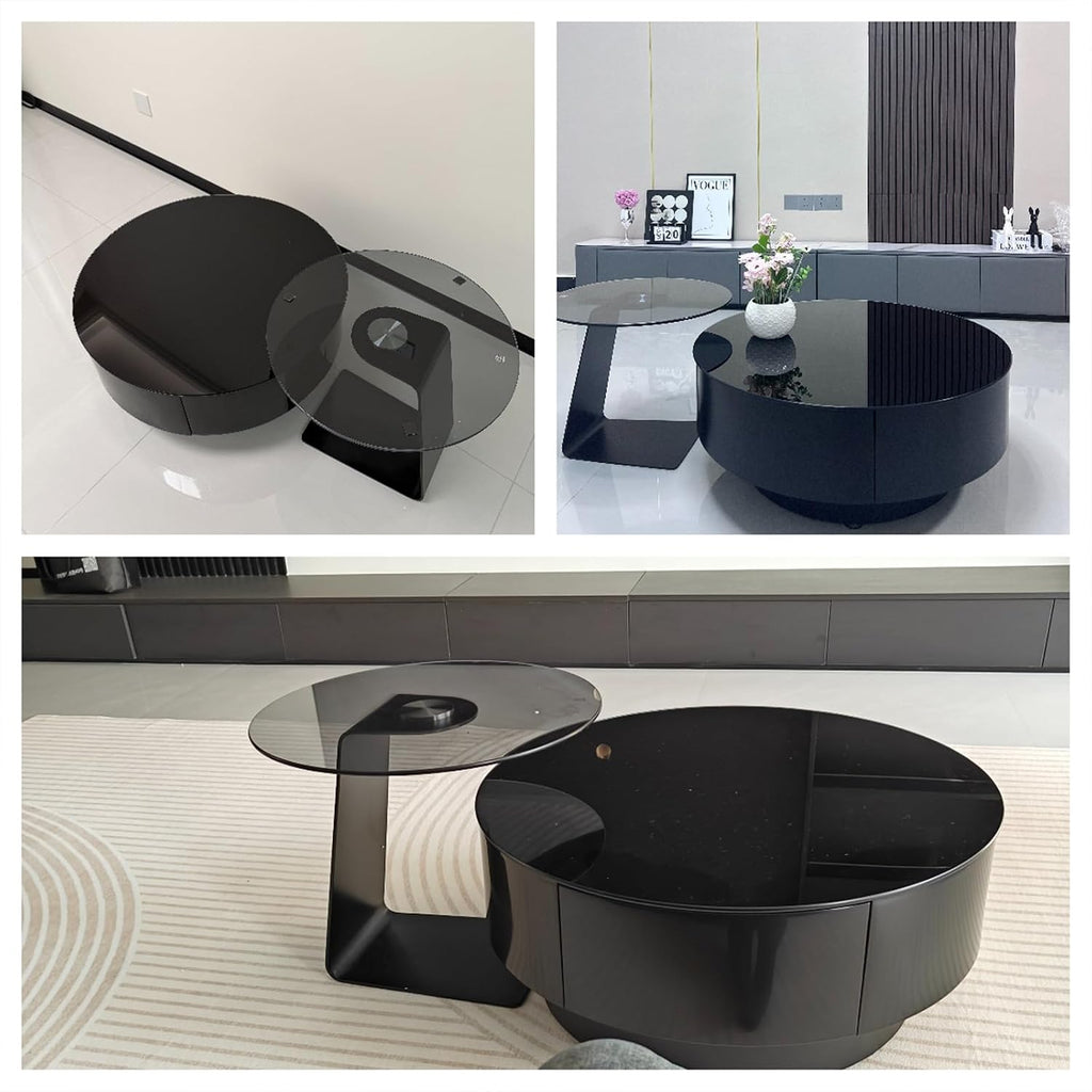 Modern Glass Coffee Circle Nesting Tables Set of 2,Coffee Tables for Living Room with Storage,Circle Drum Center Table,Apartment,Office,Minimalist Design(27.6 * 27.6 * 13')