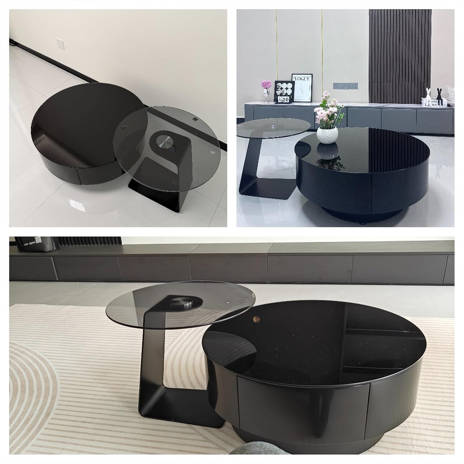 Modern Glass Coffee Circle Nesting Tables Set of 2,Coffee Tables for Living Room with Storage,Circle Drum Center Table,Apartment,Office,Minimalist Design(27.6 * 27.6 * 13')