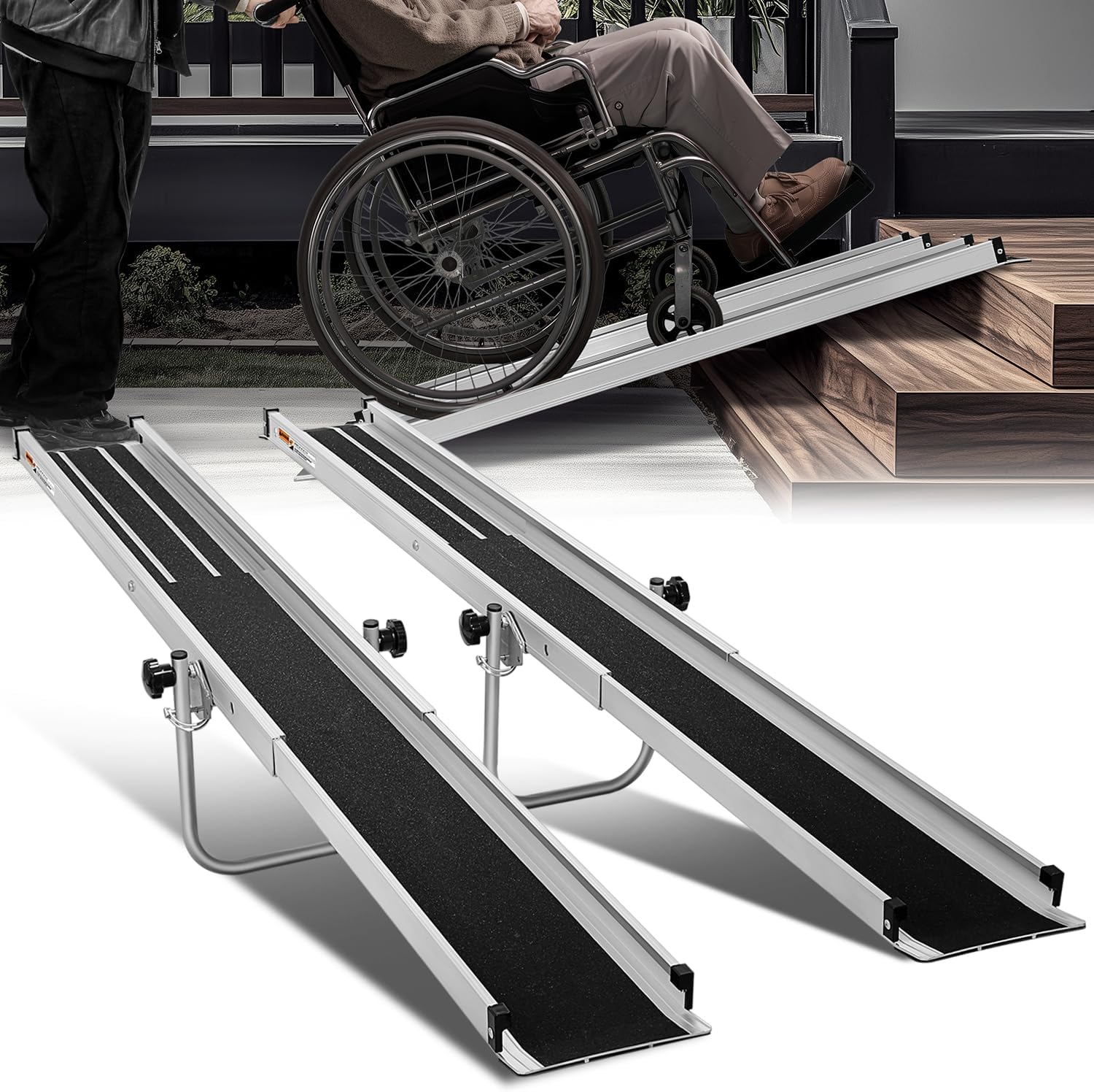 Auto Dynasty 8FT Adjustable Wheelchair Ramp with Support Stand, Portable Telescoping Folding Aluminum Wheel Chair Threshold Ramps for Home Steps Doorways, 96' L x 7.4' W, 1200Lbs Capacity (2 Pack)