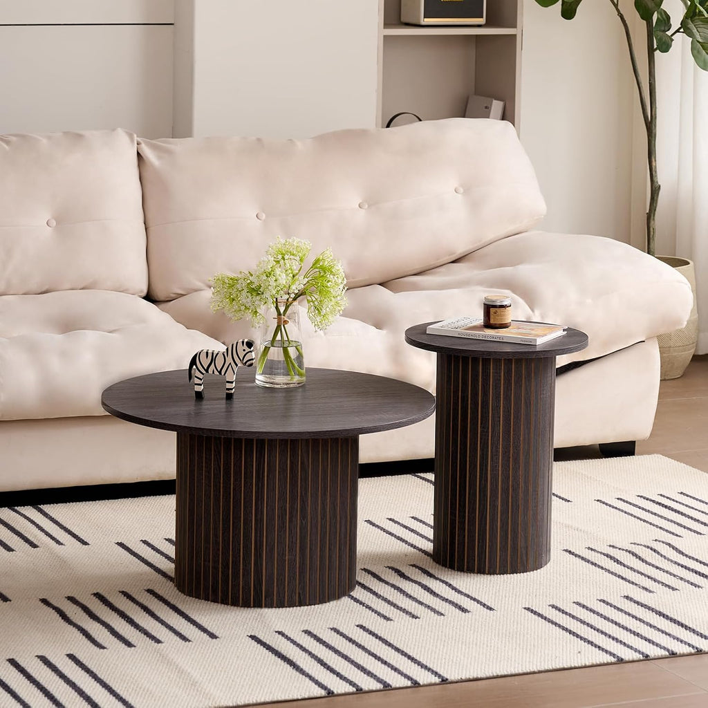 Round Coffee Tables Set of 2, Circle Modern Small Wood Side Table with Fluted Style Drum Base for Living Room Bedroom Balcony Office, Balck