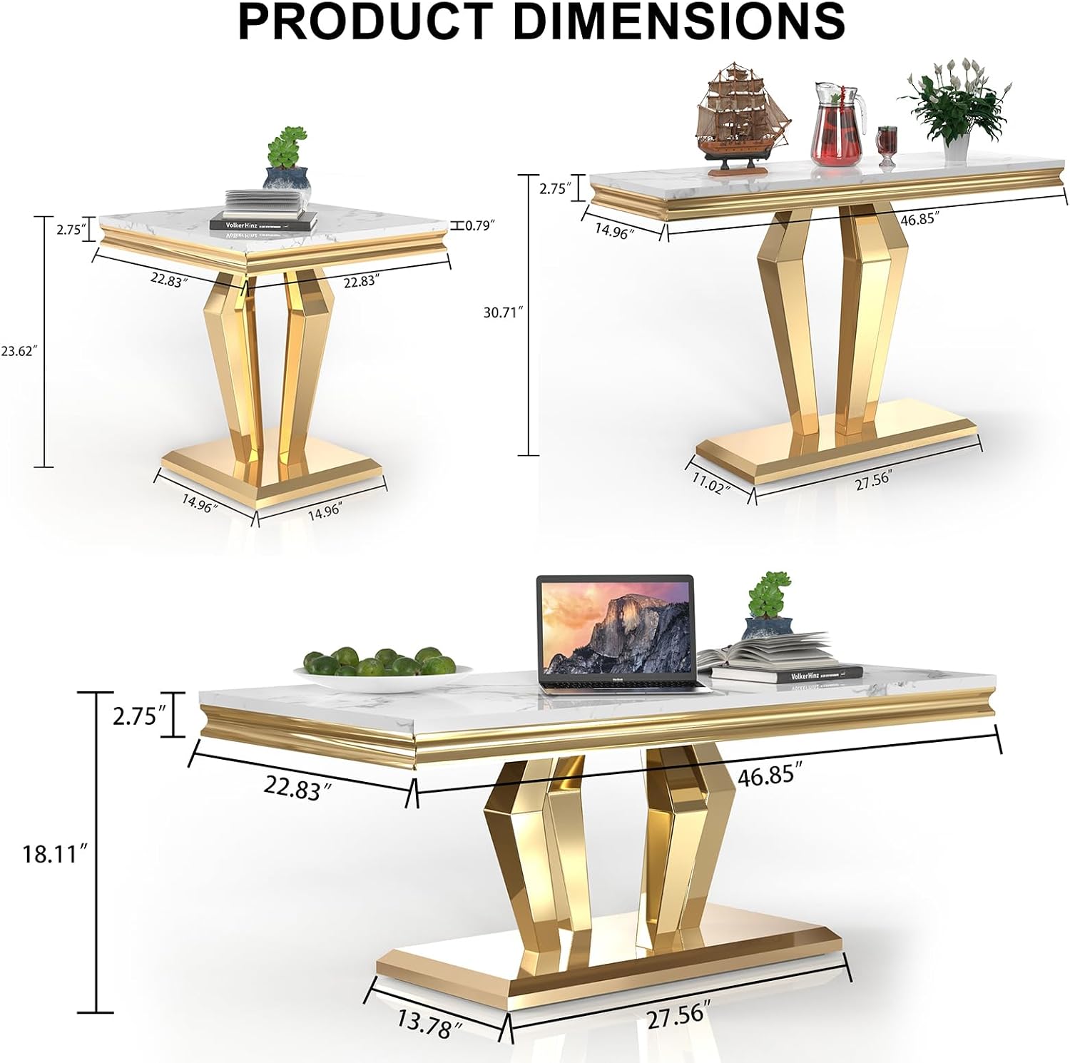 3 Pieces Living Room Table Set, Faux Marble Coffee Table Set of 3, Modern Coffee Table, Console Table and End Table with Diamond-Shaped Stainless Steel Base for Living Room (White Gold)