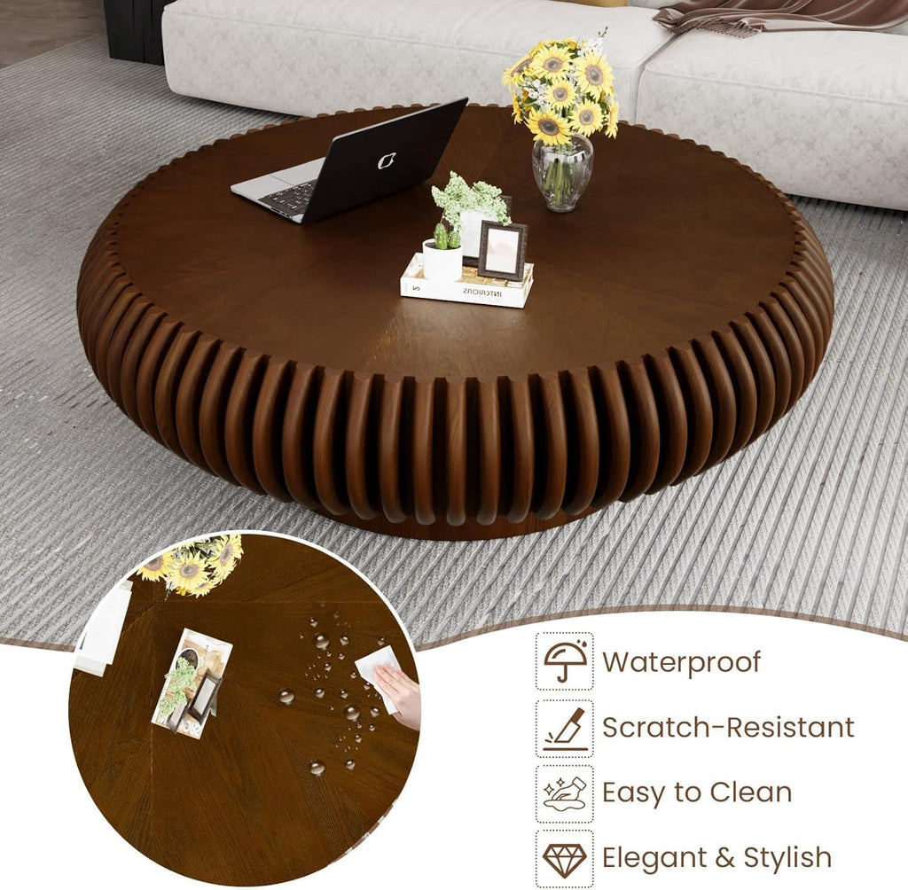 JHKZUDG Round Fluted Coffee Table 39.4'' Wood Drum Coffee Tables Contemporary Circle Accent Center Table Mid Century Side Table for Living Room, Small Space, Apartment (Walnut, 39.4' Coffee Table)