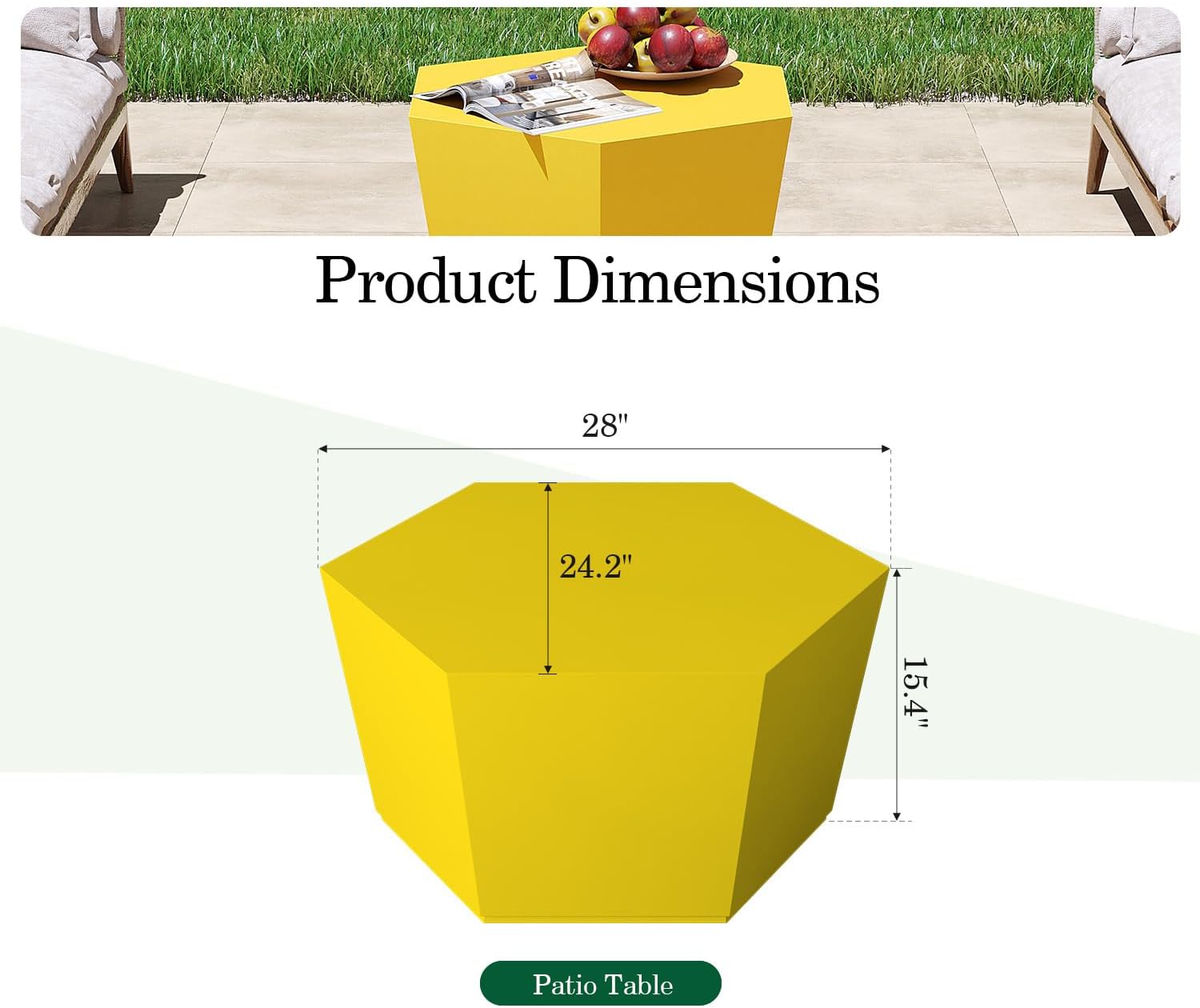 Patio Watcher 28' Modern Hexagon Coffee Table, Light Concrete Textured Center Table for Living Room, Accent Coffee Tea Table for Apartment, 28'×24'×15', No Assembly, Lemon Yellow