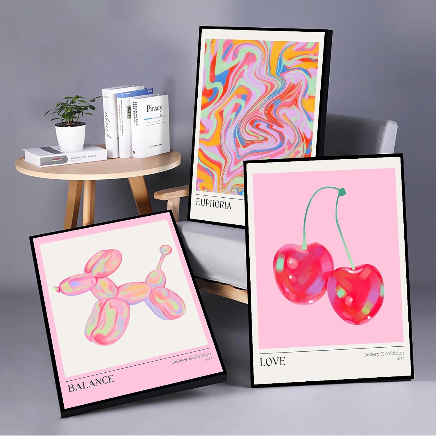Trendy Set Of 3 Pink Cherry Cute Balloon Dog Posters Preppy Style Room Aesthetic Canvas Wall Art Gradient Aura Fresh Fruit Prints Painting For Home Bedroom Dorm Wall Decor 16X24in Black Frame