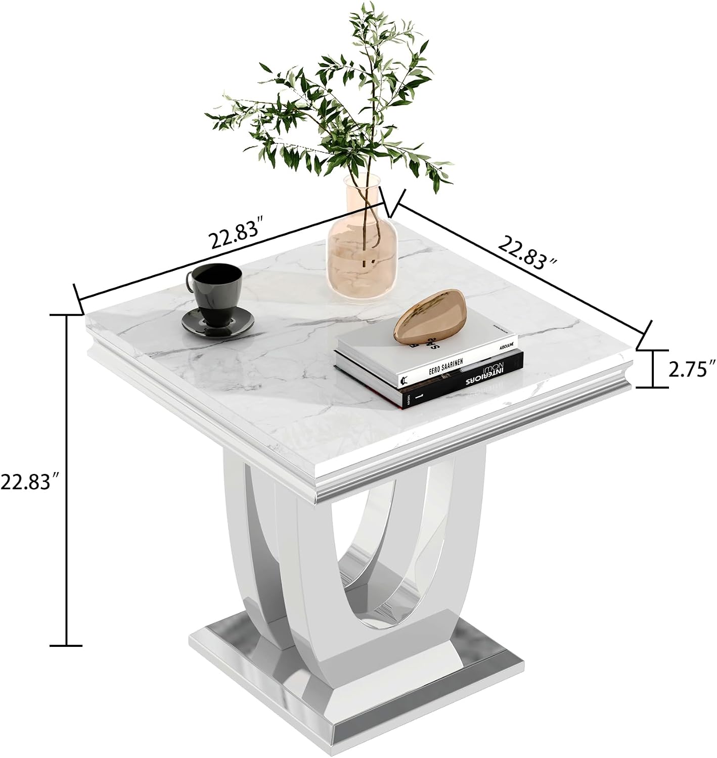 Modern Marble End Table,22' Suqare Side Table with Silver U-Shape Stainless Steel Base,Luxury White Faux Marble End Table Nightstand Pedestal Stand Lamp Table for Hallway, Living Room, Bedroom
