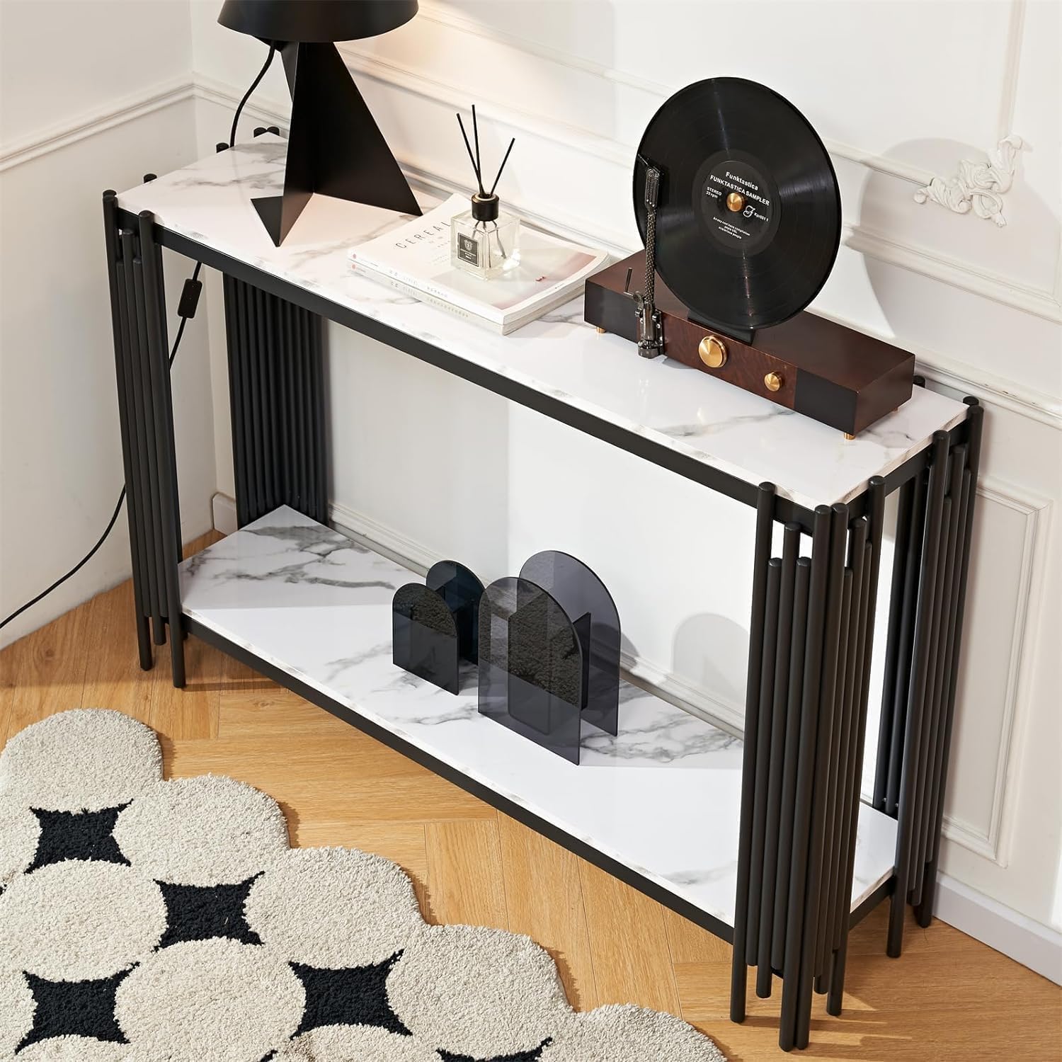 White Marble Coffee Table Set - 3 Piece Living Room Set with Black Chrome Metal I-Base