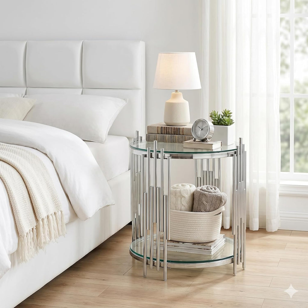 SSLine 2-Piece Round Living Room Table Set, Modern Clear Glass Coffee Table with 1 End Table, Luxury Circle 2-Tier Storage Coffee Table Set with Silver Stainless Steel Frame for Living Room