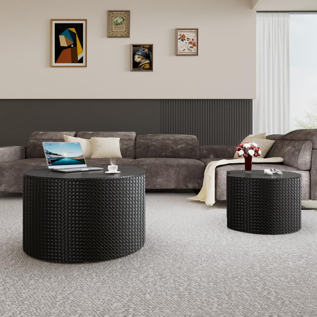WXFKLDJ Nesting Coffee Tables Set of 2 Leather Finish Round Coffee Tables with Storage Wood Frame Drum End Side Table for Small Space Living Room Bedroom No Assembly Needed (Black with Storage)