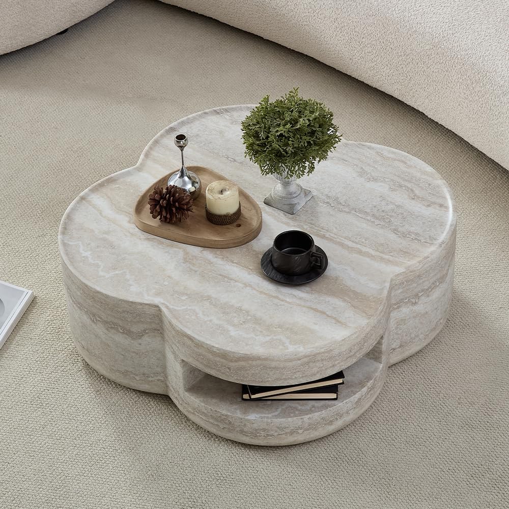 WILLIAMSPACE 31.5' Faux Marble Coffee Table with Four‑Leaf Clover-Shaped, Modern Mars-Pattern Fiberglass Faux Stone Center Table Accent Tea Table for Living Room, No Assembly (Beige)