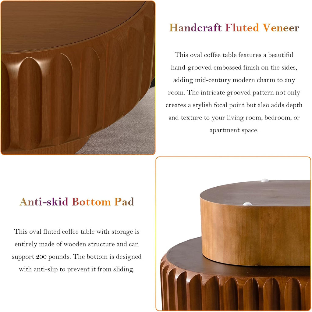 43.3' Oval Drum Coffee Table - Handcraft Solid Wood Edge Stripe Rustic Chic Fluted Tea Table with with Storage for Small Space Apartment (F 43.3in)
