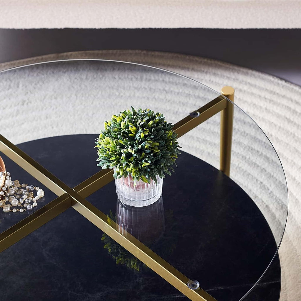 LumFurn Round Coffee Table for Living Room, Mid-Century Modern Design, D30 x H17, 2-Tier Structure, Grey Glass Top and Black Marble Finish Wood Shelf, Sleek Conical Metal Legs with Gold Finish Frame