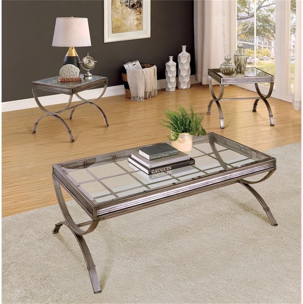 BOWERY HILL 3 Piece Coffee and End Table Set, Silver Finish, Metal Hourglass Bases with Tempered Glass Tops, Scratch and Rust Resistant, Contemporary Style Living Room Furniture