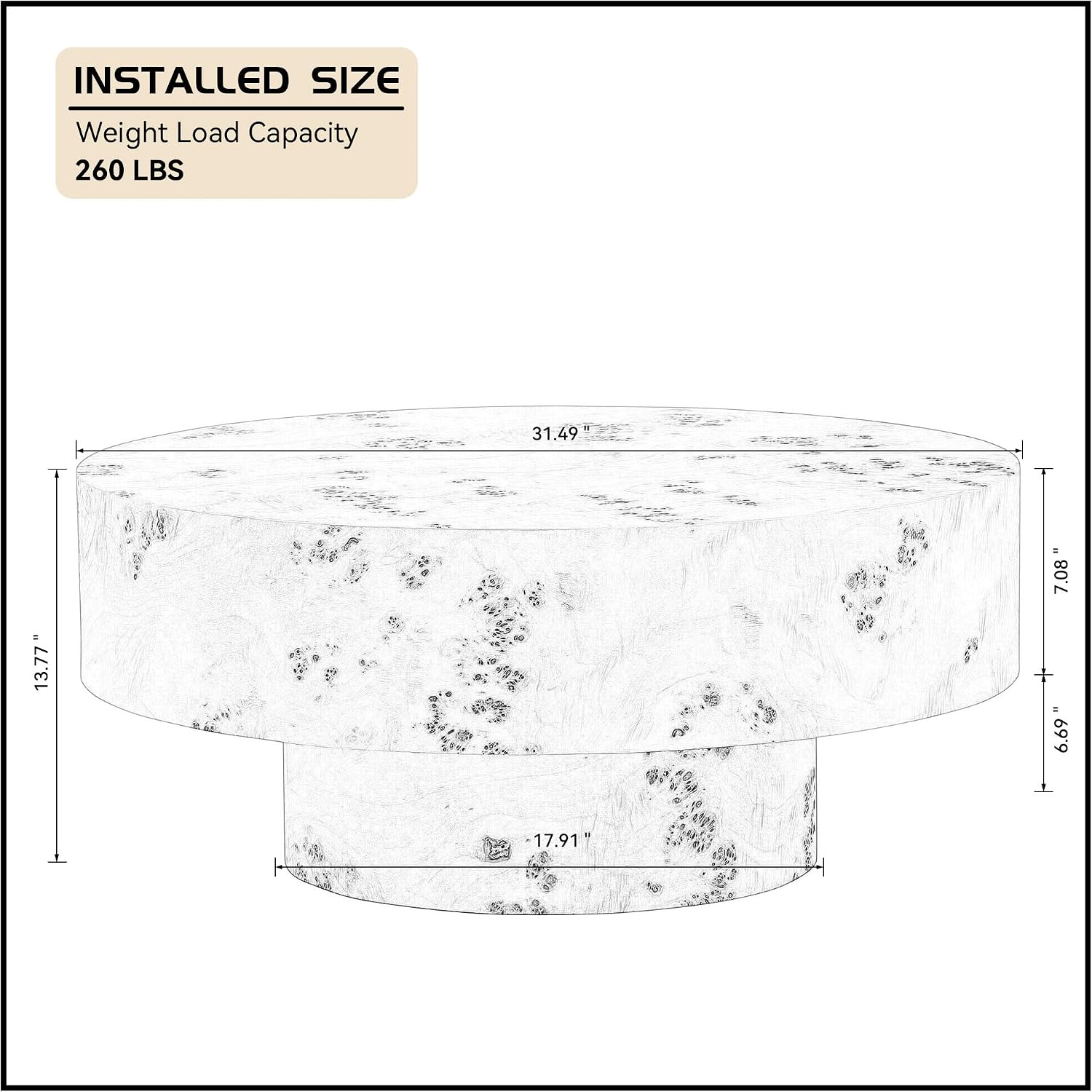 Round Coffee Table, 31.49' Burl Wood Pattern Center Table with Sturdy Pedestal for Living Room Apartment Office, Walnut