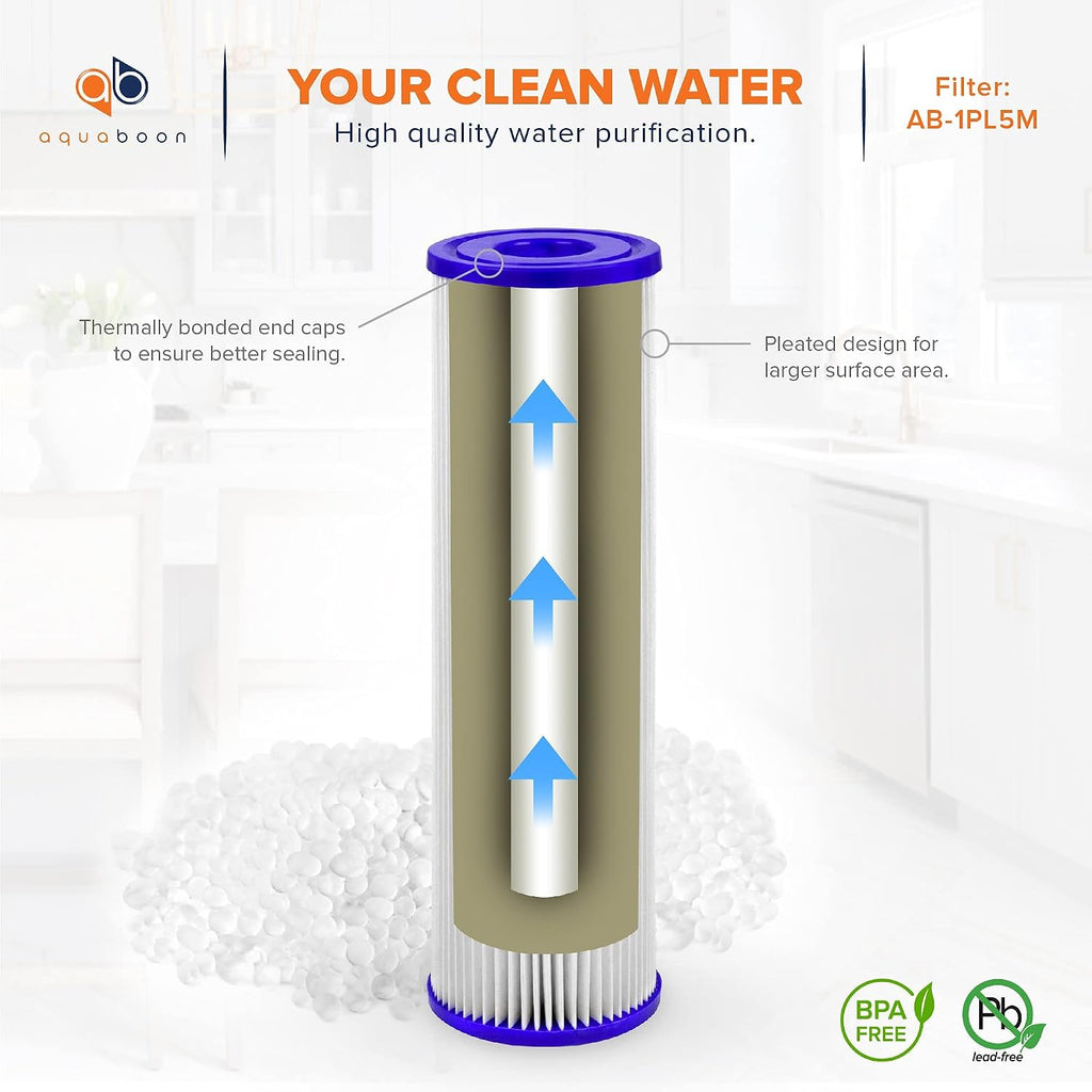 Aquaboon 5 Micron 10x2.5 Whole House Pleated Sediment Filter Cartridge for Well Water Filter Replacement Compatible with WFPFC3002, WHKF-WHPL, 50-Pack