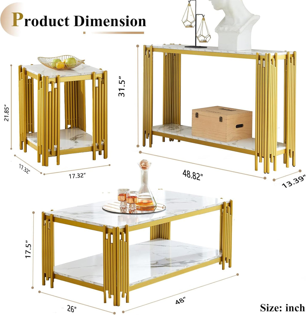 Elegant Faux Marble Coffee Table Set - Modern White Faux Marble Console, End Table Set with Gold Metal Frame