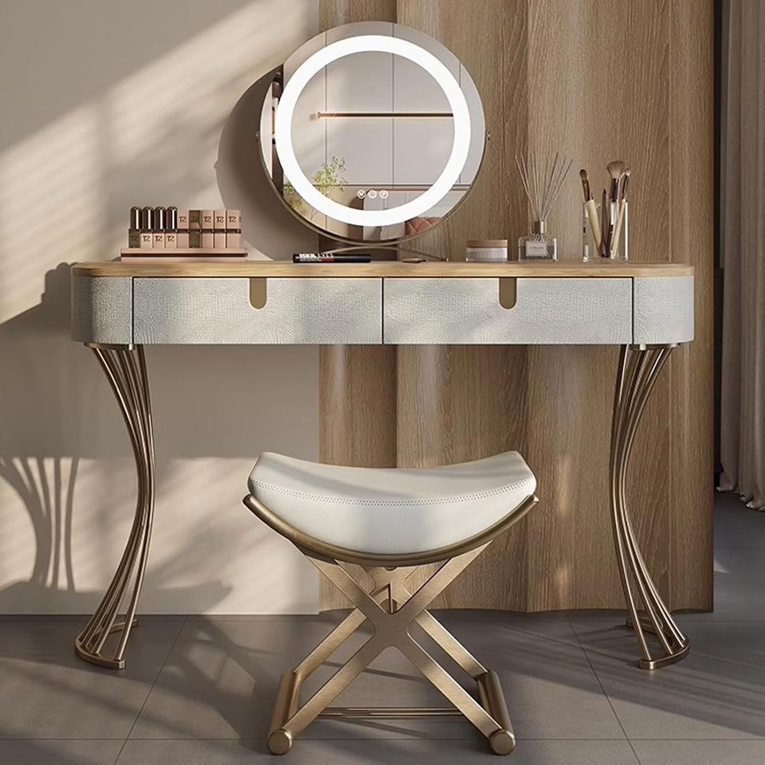 Thick Table Top Vanity Desk with Mirror Tri-Colour Lighting Creative Design Mirror Stainless Steel Stand Solid Wood Frame Makeup Table