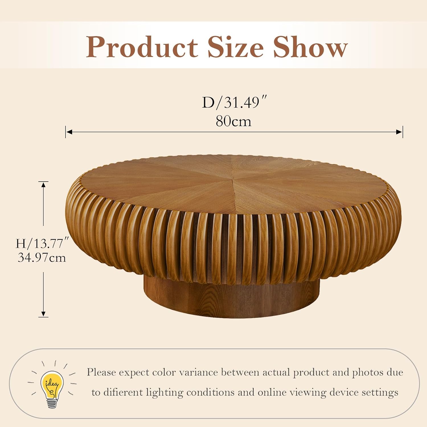 31.49' Round Fluted Coffee Table Unique Contemporary Wood Low Circle Drum Tea Tables with Sturdy Pedestal for Small Space (D Brown 31.49in)