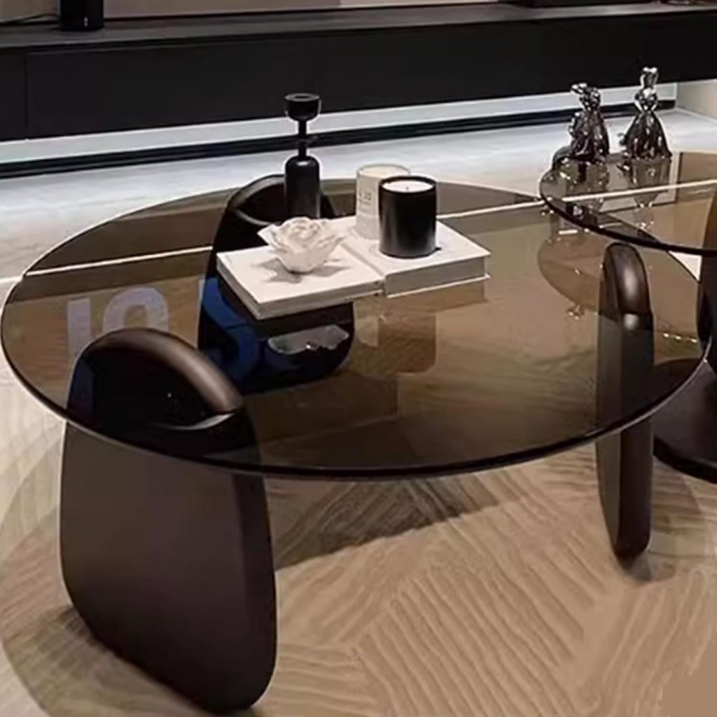 EASYSOUL Modern Round Coffee Table with Glass Top, 27.56' D x 27.56' W x 14.69' H, Circular Tea Tables for Living Room Home Office Industrial Cocktail Tables (Black-Grey Glass/27.56')