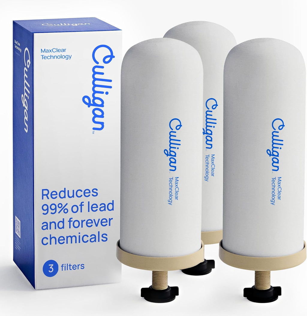 Culligan MaxClear 7' Gravity Water Filter Replacement Compatible with ProOne & Berkey Water Filter Systems, Ceramic & Carbon Filter NSF/ANSI Certified, Reduce Total PFAS, Microplastics & Lead, 3-Pack