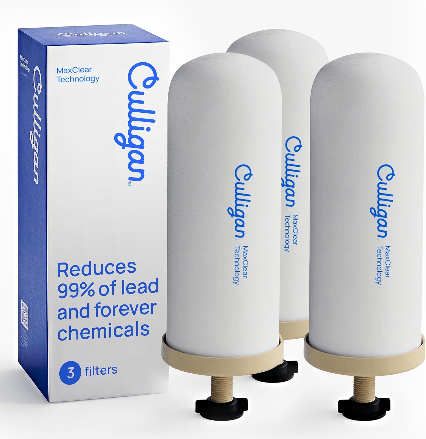 Culligan MaxClear 7' Gravity Water Filter Replacement Compatible with ProOne & Berkey Water Filter Systems, Ceramic & Carbon Filter NSF/ANSI Certified, Reduce Total PFAS, Microplastics & Lead, 3-Pack