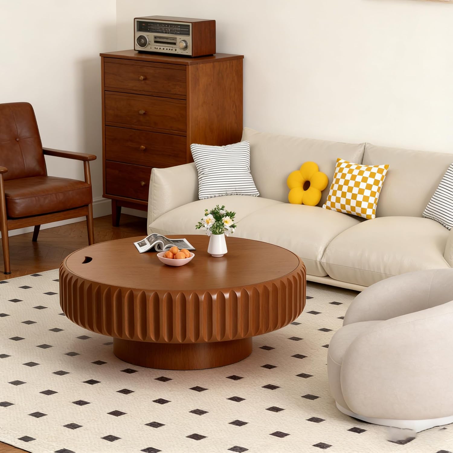 Round Wood Fluted Coffee Table with Storage, 39' Round Fluted Coffee Table with Flip-Top Lid Mid Century Modern Low Circle Drum Coffee Tables for Living Room (Brown, 39 inch)