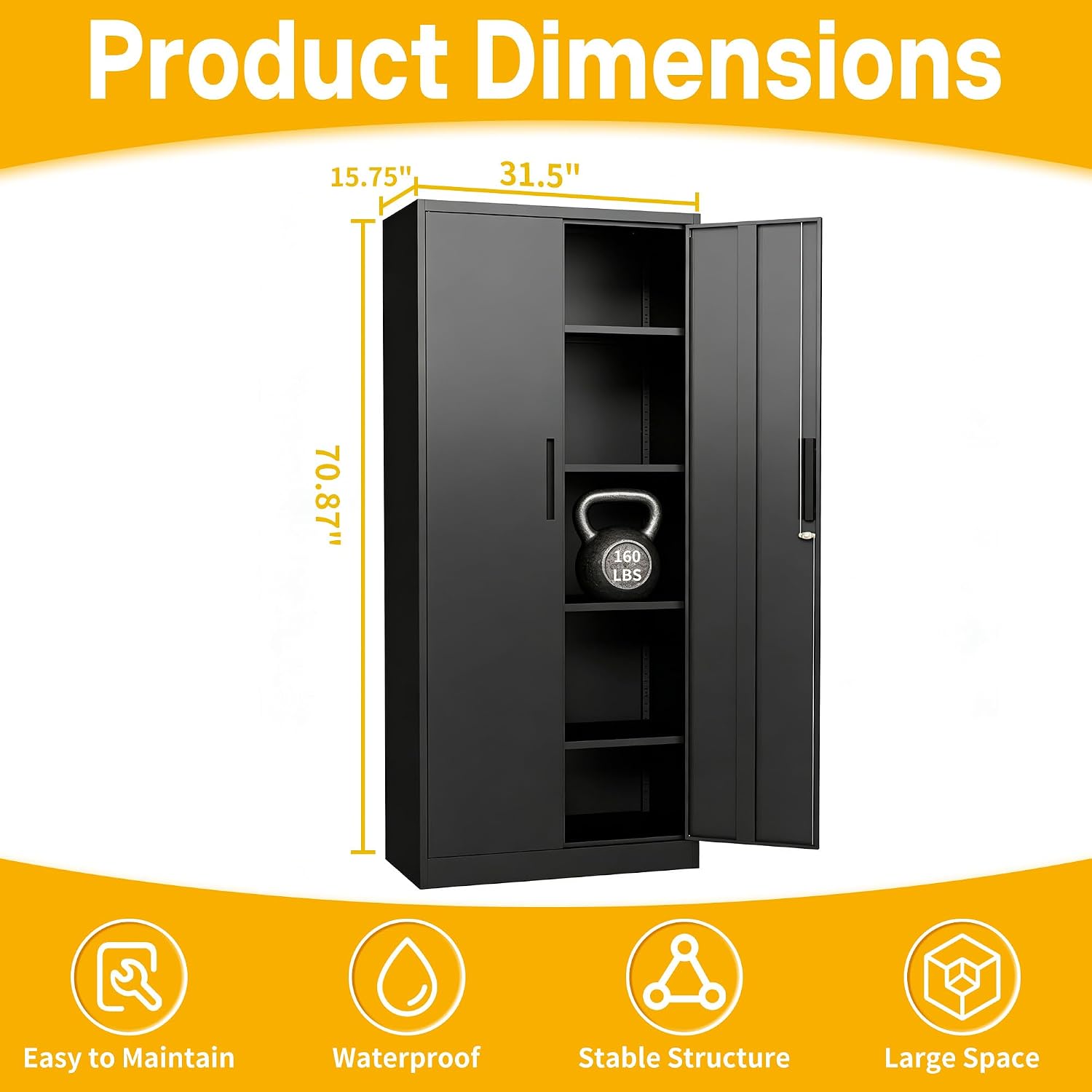 Metal Storage Cabinet with 2 Doors and 4 Adjustable Shelves, 71' Garage Storage Cabinet with Anti-Tipping Design, Lockable Garage Cabinets for Office, Home, Garage, Gym, School