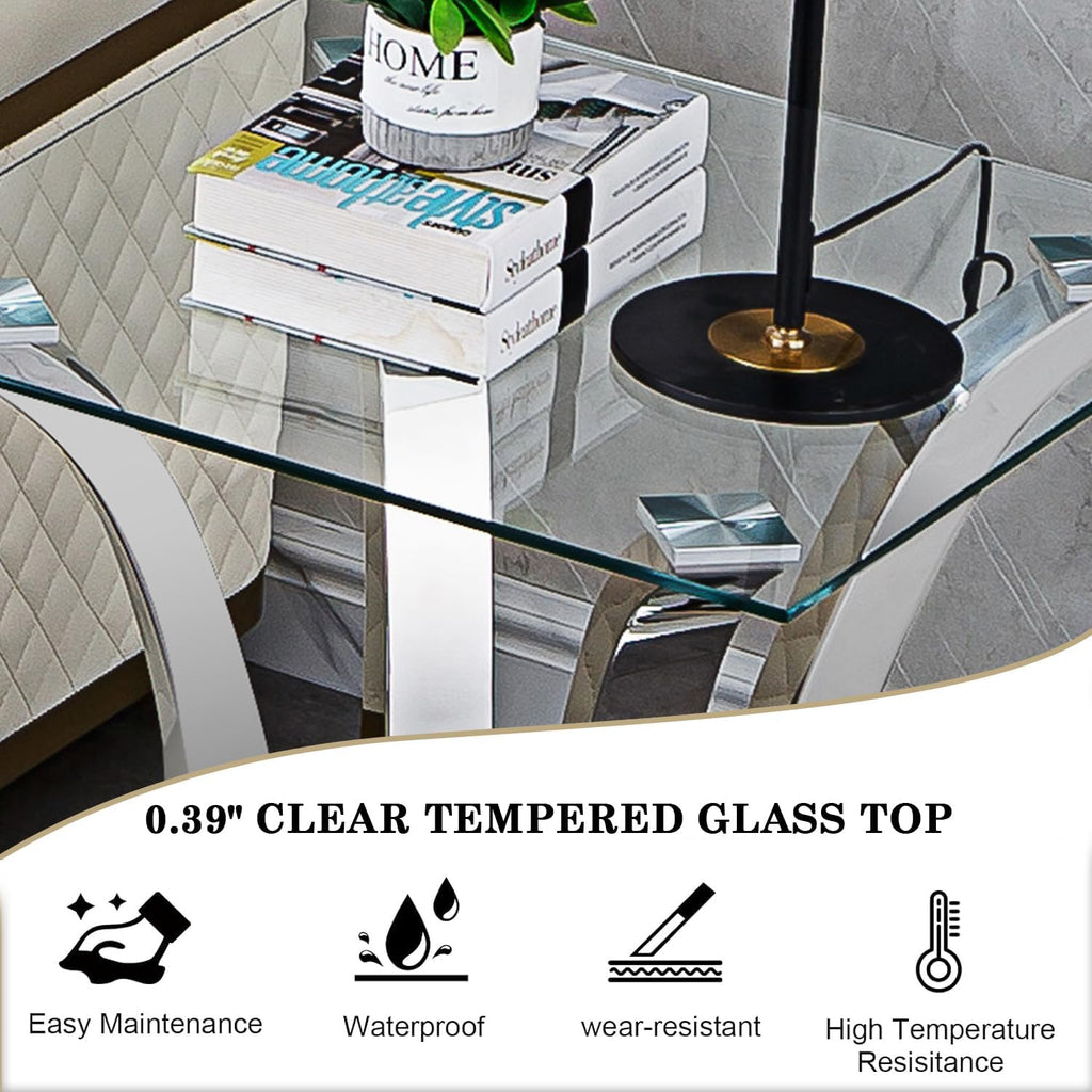Modern Glass End Table Small Side Table with Silver Gorgeous Stainless Steel Base Square Glass Nightstand End Table Small Bedside Table Couch Sofa Table for Living Room Bedroom
