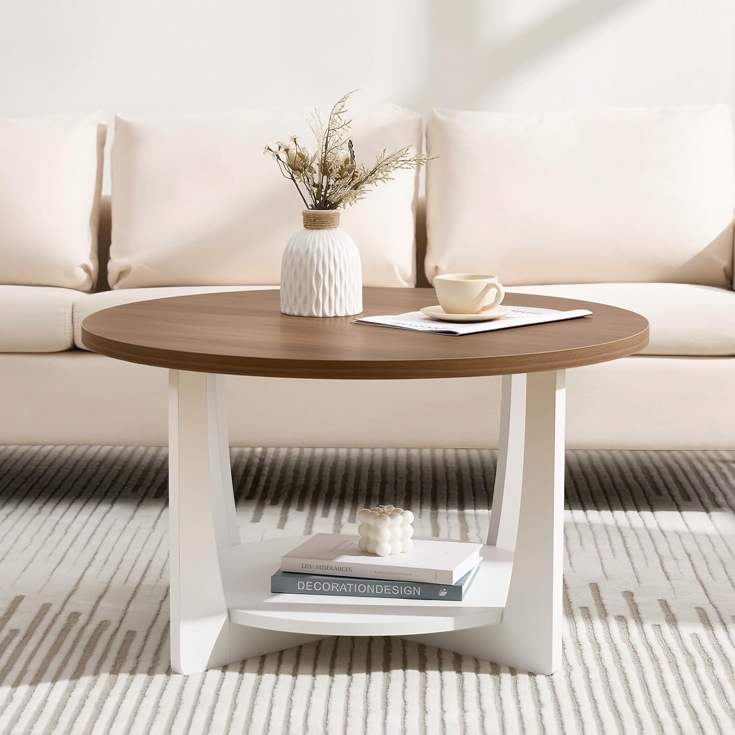 BECHAEO 31.5'' Round Coffee Table with Solid Wood Pine Legs, 2-Tier Rustic Coffee Table with Storage Shelf, Small Modern Wood Circle Center Table for Living Room