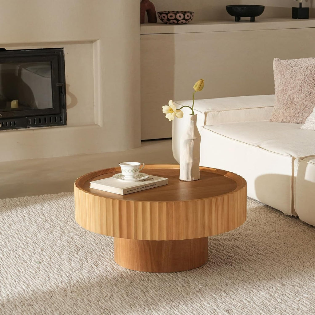 Round Coffee Table, 30.3in Modern Living Room Table, Fluted Drum Circle Tea Table with Storage, Accent Center Tables for Living Room, Apartment, Small Space (Nature Wood)